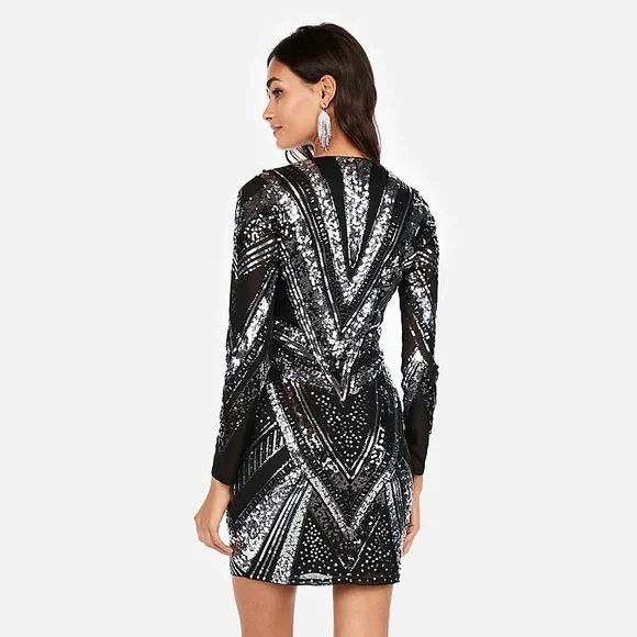 NWOT Express Black Sequin V-Neck Dress - Picture 2 of 5